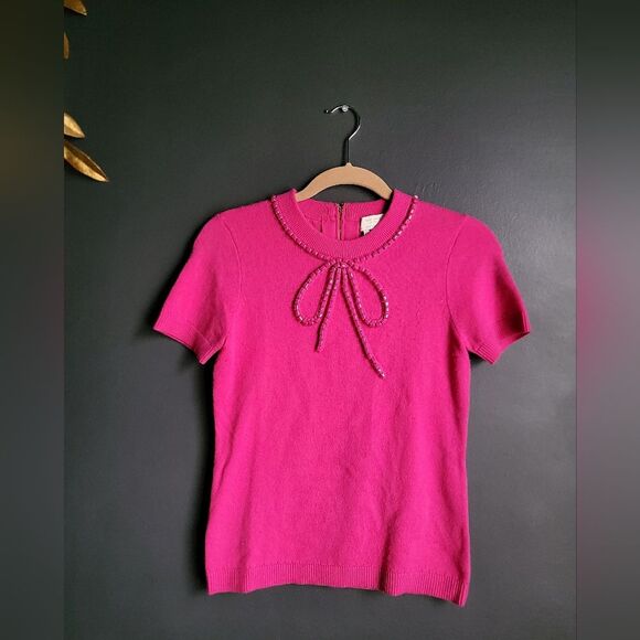 Kate Spade Ellis Bow Jewel Cashmere Wool Sweater Gold Zipper XS Snapdragon Pink - Picture 1 of 9